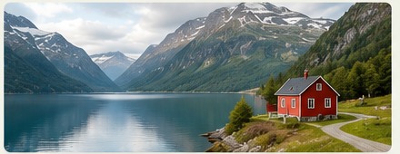 Norsk fjordlandskap med bolig ved vannet